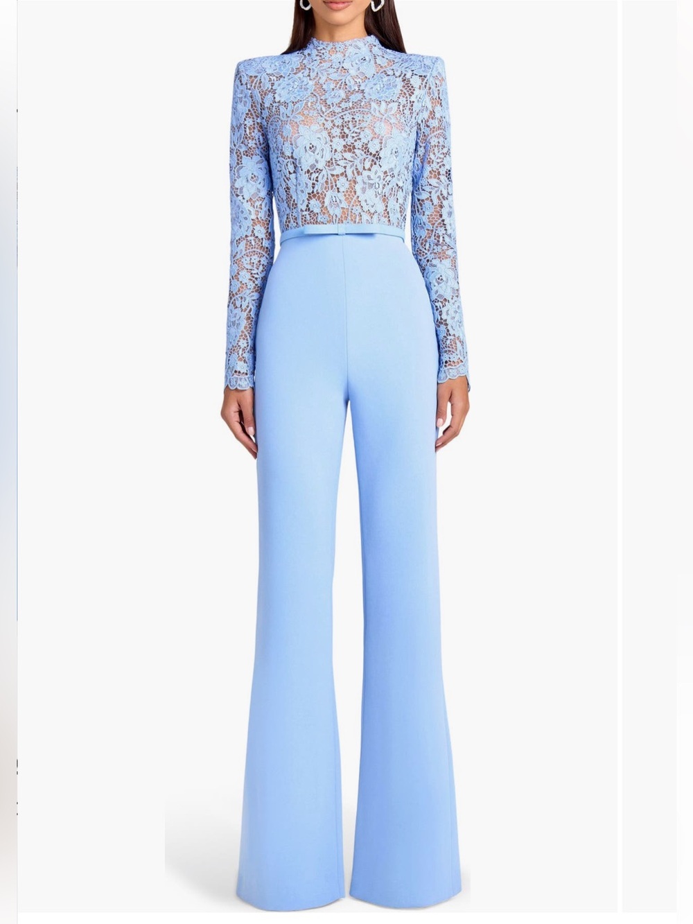 NADINE MERABI Maddie Lace Long Sleeve Wide Leg Jumpsuit Light/ Pastel Blue
